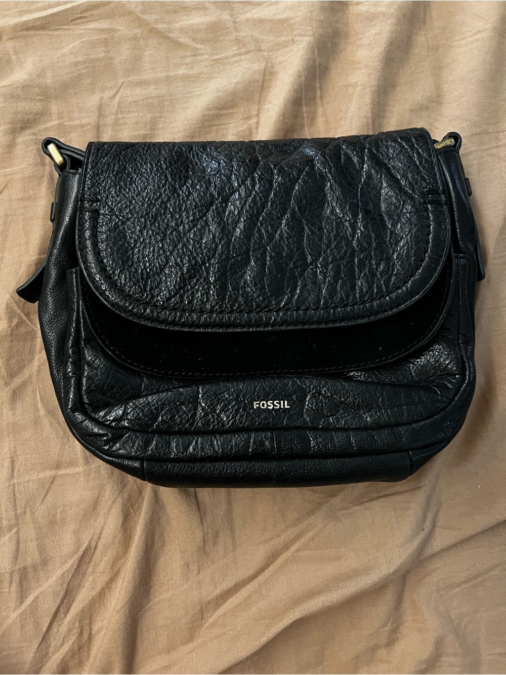 Fossil Black Pebbled Leather Flap Crossbody